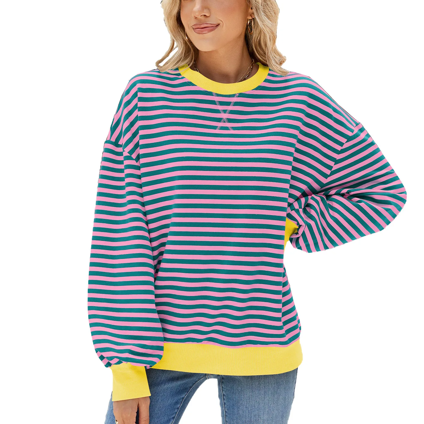 Mandylandy Striped O-neck Pullovers Contrast Color Loose Long Sleeve Sweatershirt Coat for Women Casual Autumn Sweatshirts