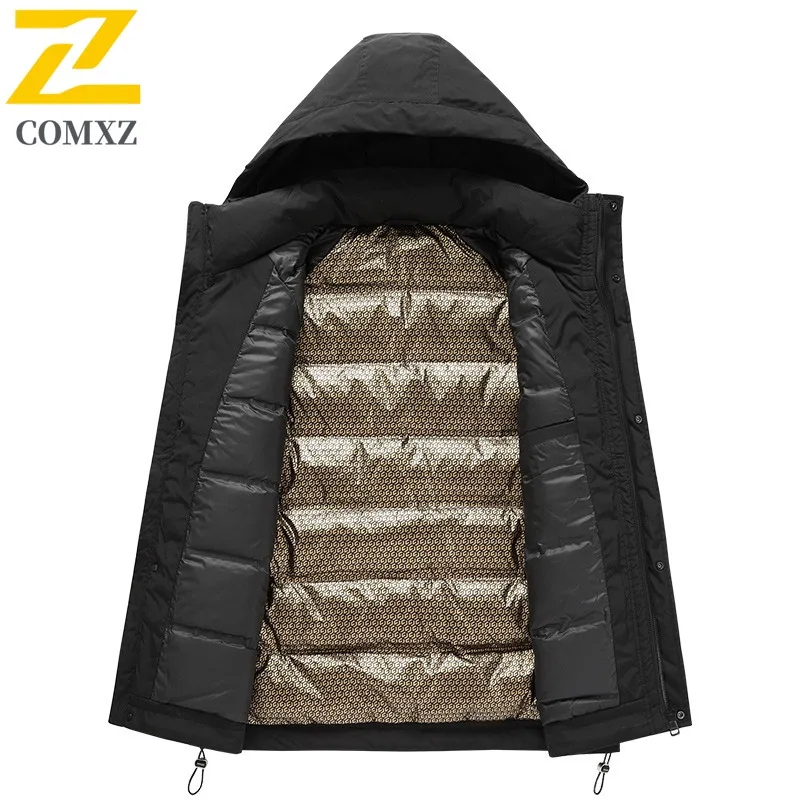COMXZ Casual Hooded Men Down Jacket Outdoor Travel Thickened Warm Padded Jacket Trendy Camping Lightweight Winter Down Coat