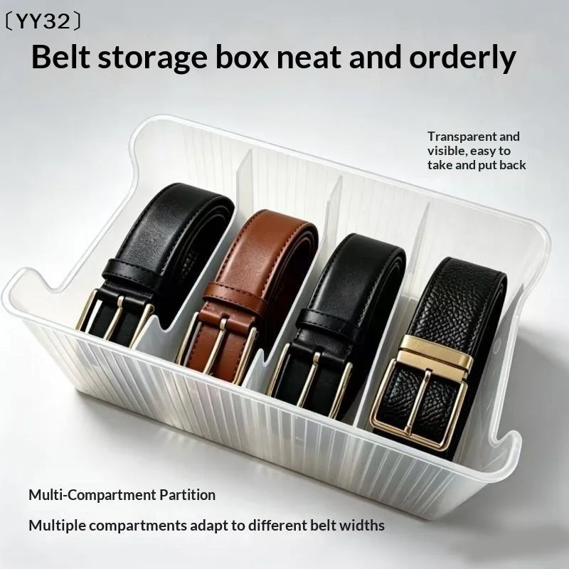 Belt Organizer Box 4 Grids Belt Storage Rack For Closet And Drawer Save Space Tie And Belt Plastic Display Case 〔YY32〕