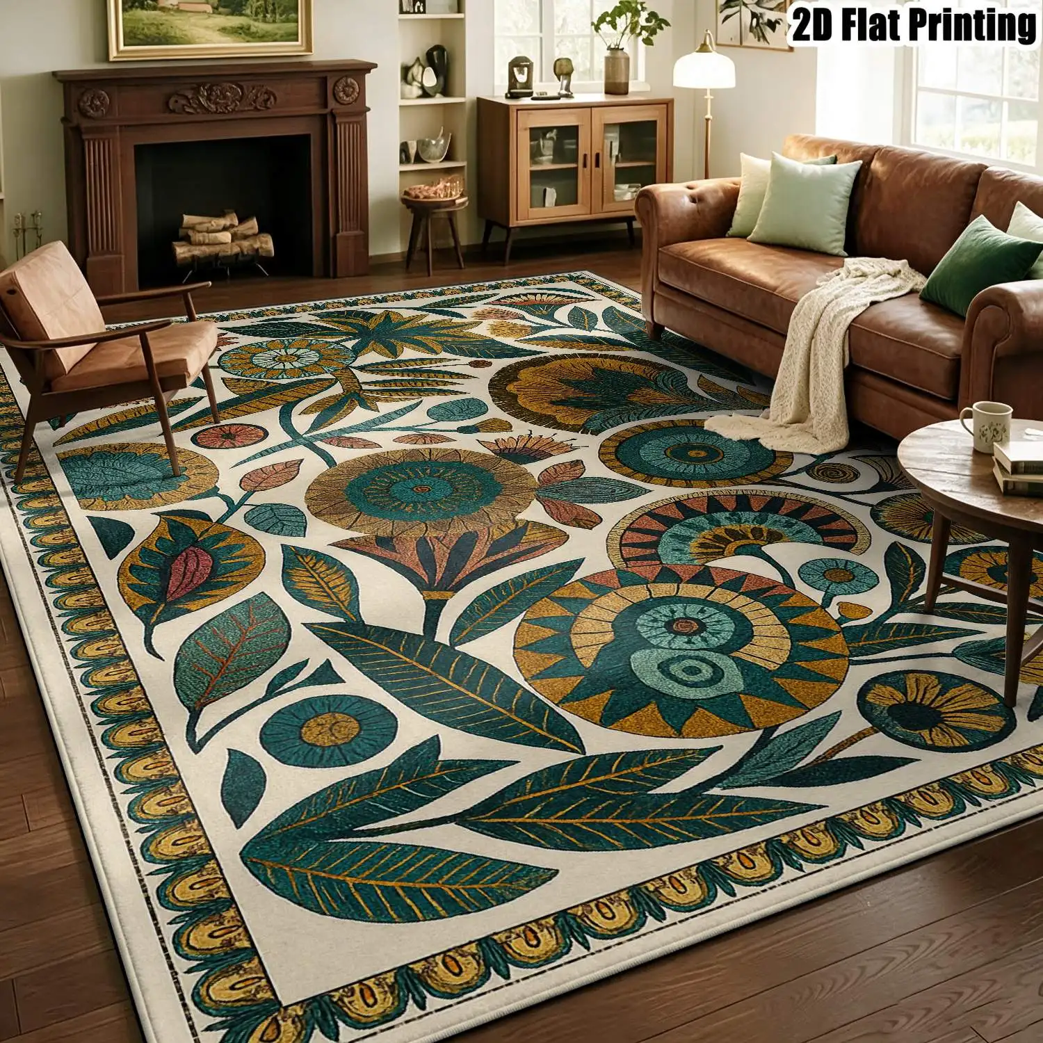 1Pc 2D Printed Retro Colorful Floral & Leaf Pattern Carpets: European, Bohemian, Geometric Styles, Home Decor, Multi-Size, Machine Washable, for Entryway, Dining Room, Foyer, Bedroom, Living Room