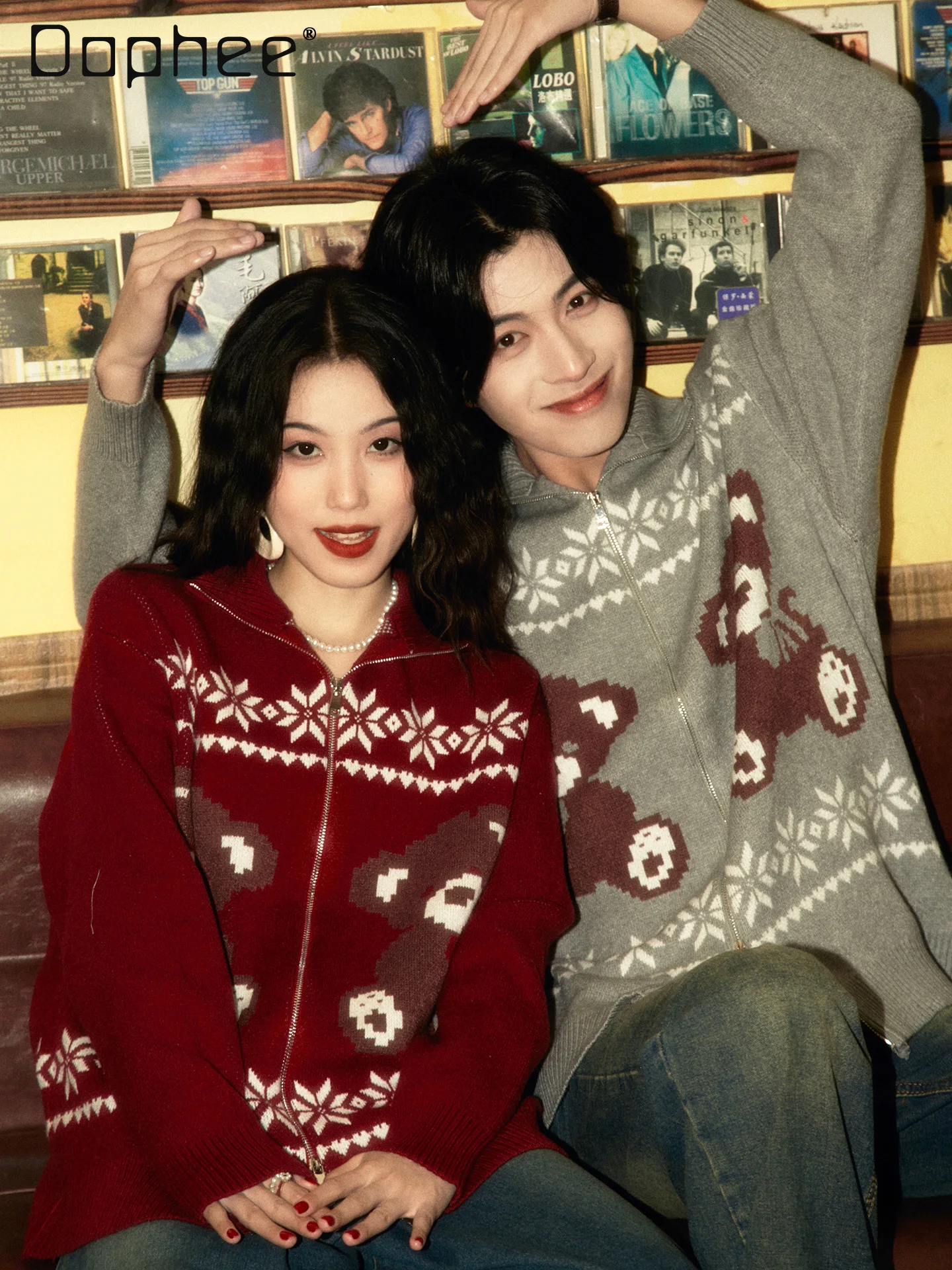 

Autumn Winter New Men's Vintage Bear Embroidery Red Cardigan Sweater Coat Couple Gray Loose Casual Knitted Cardigan