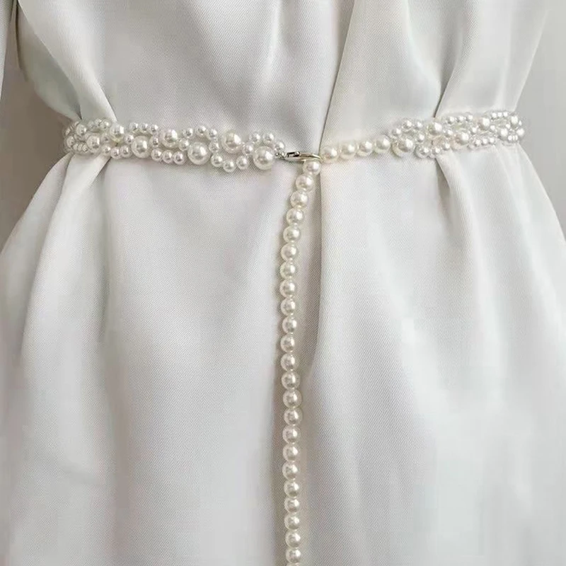 Z.Literary Temperament Elegant Pearl Belt Waist Belt Female Girls Dress Crystal Strap Pearl Wedding Chain Belts Girl Accessories