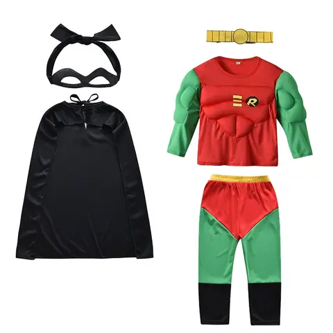 Children Robin Cosplay Costume Boys Girls Tops Pants Cloak Muscle Suit Kids Nightwing Party Halloween Costume Casual Clothes Set