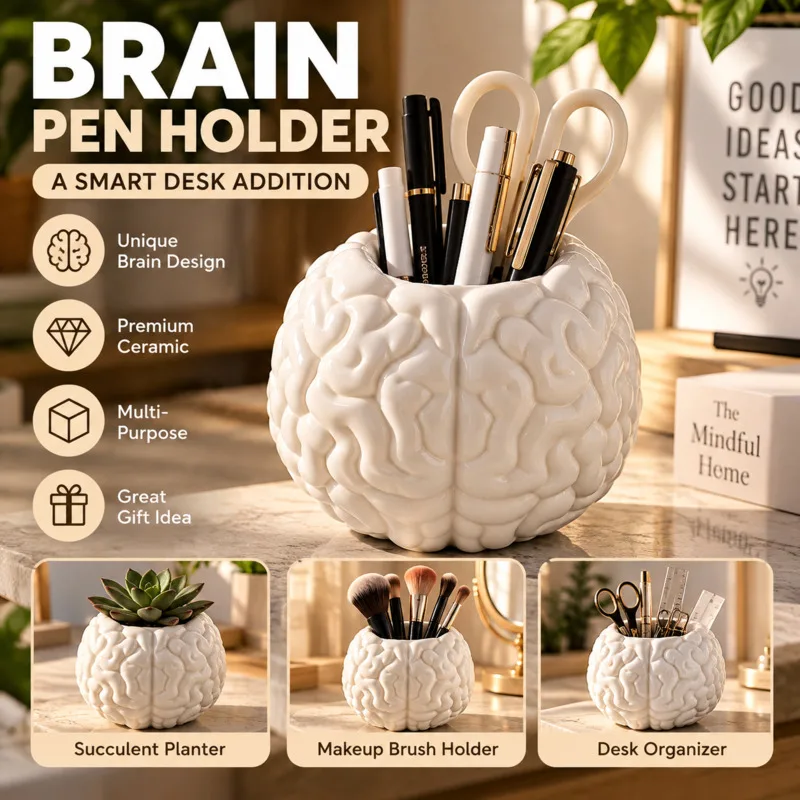 3D Printed Brain Shape Holder White Desktop Organizer Creative Storage Box Ceramic Makeup Brush Pen Container Stationery Gift