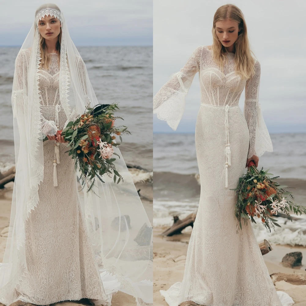

Customized White Lace Sashes Wedding Party Trumpet Jewel Long Dresses Elegant Formal Exquisite Modern Romantic Wedding Dress