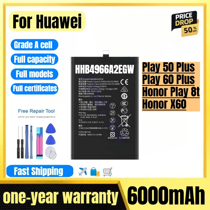 

HHB4966A2EGW for Huawei Play 50 Plus/Play 60 Plus/Honor Play 8t/Honor X60 Mobile Phone Battery Replacement Bateria with Tools