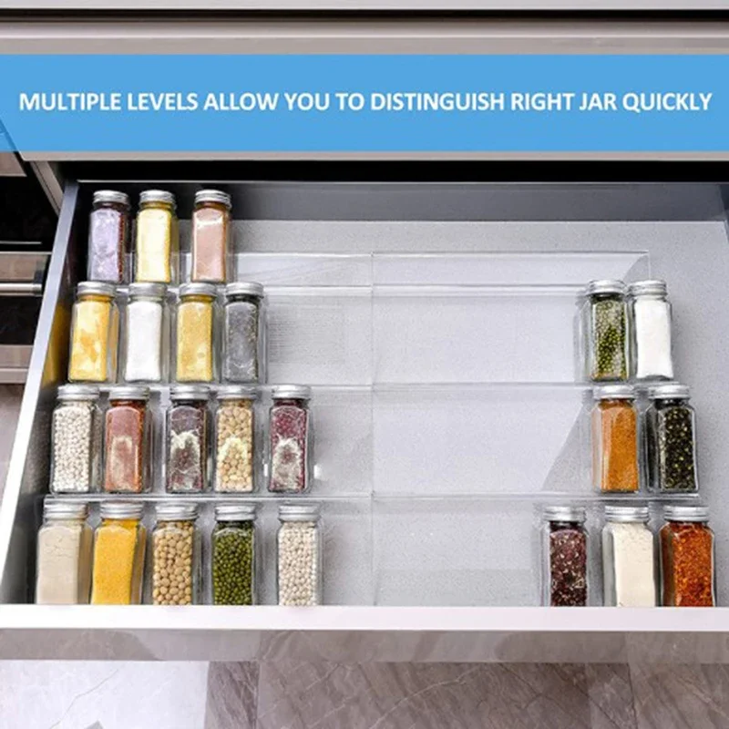 4-Tier Spice Rack Clear Acrylic Drawer Jar Organizer Adjustable Stackable Step Seasoning Bottle Storage Holders Kitchen