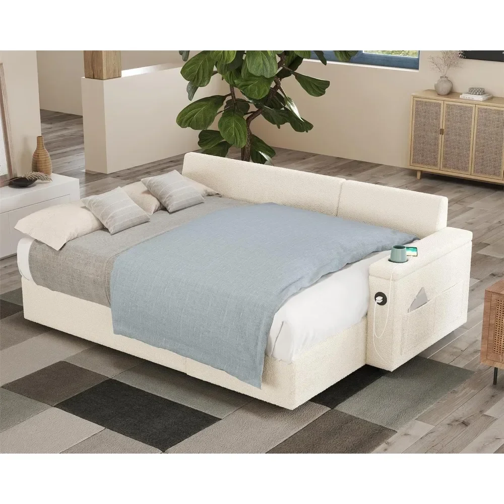 Sleeper Sofa Bed 84 Inch Pull Out Couch, Tufted Sofa Bed 2 USB Sockets & Cup Holders, L Shape Sectional  Storage Chaise