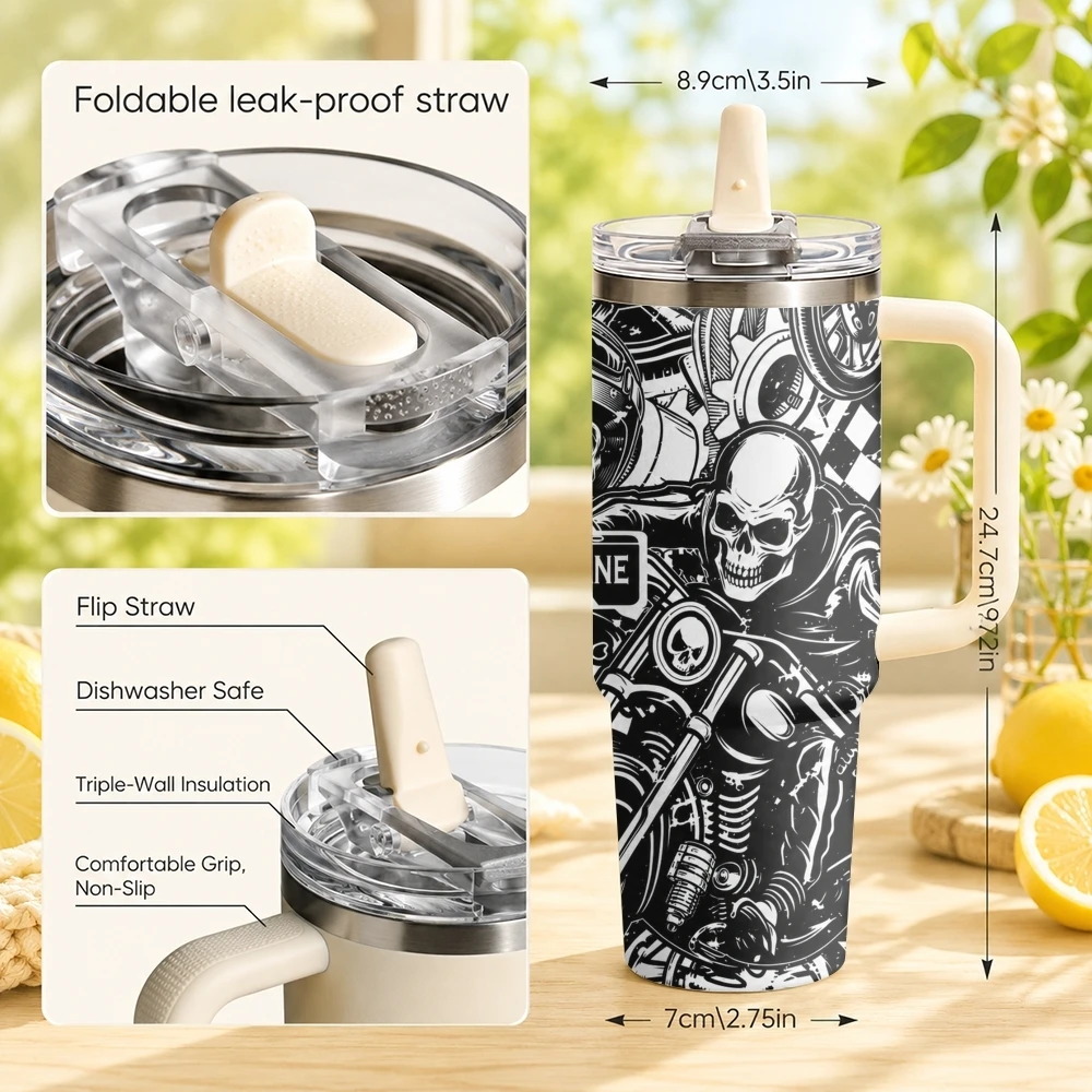 Skeleton Motorcycle Race Vacuum Flask 40oz Stainless Steel Tumbler with Handle Straw Lid Vacuum Insulated Double Wall Leak Proof
