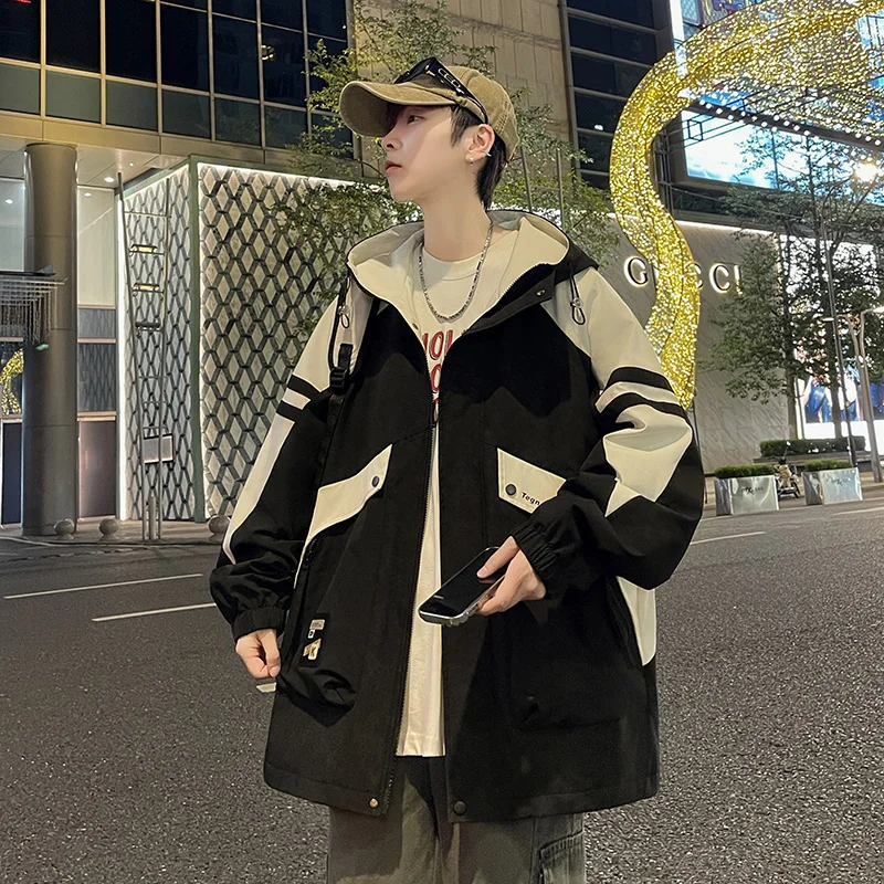 Autumn New Men's Jacket Casual Loose Long Sleeve Youth Versatile Hooded Top Fashionable Polyester Nylon Composite Fiber
