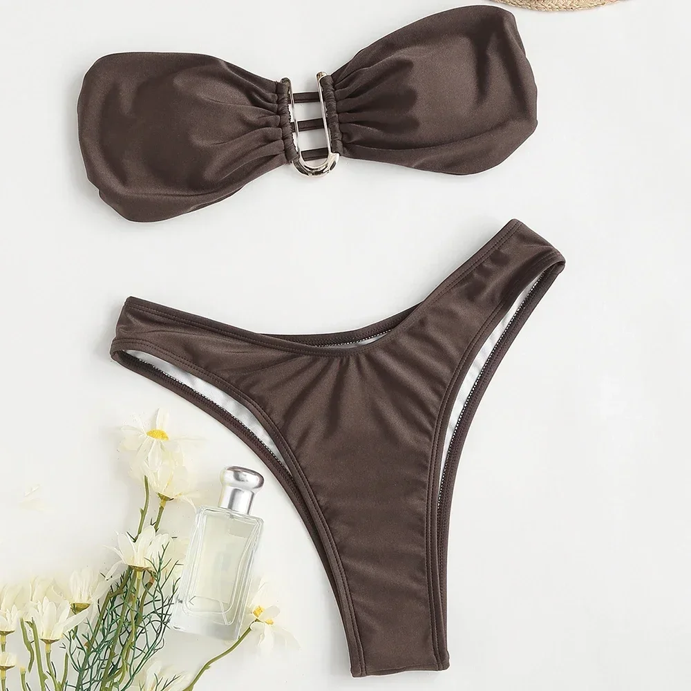 

Brown U Neck Bandeau Bikinis Set for Women Swimwear Sexy Swimsuit High Cut Leg Bathing Suit Bathers Bikini 2025 Mujer Beach Wear
