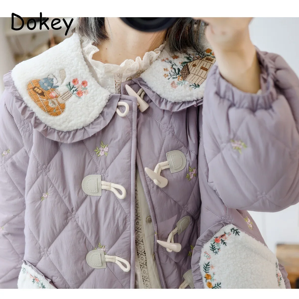 Vintage ricamo Peter Pan collare Parka donna inverno nuovo caldo giapponese Mori ragazza corno bottone Kawaii cotone imbottito giacca cappotto