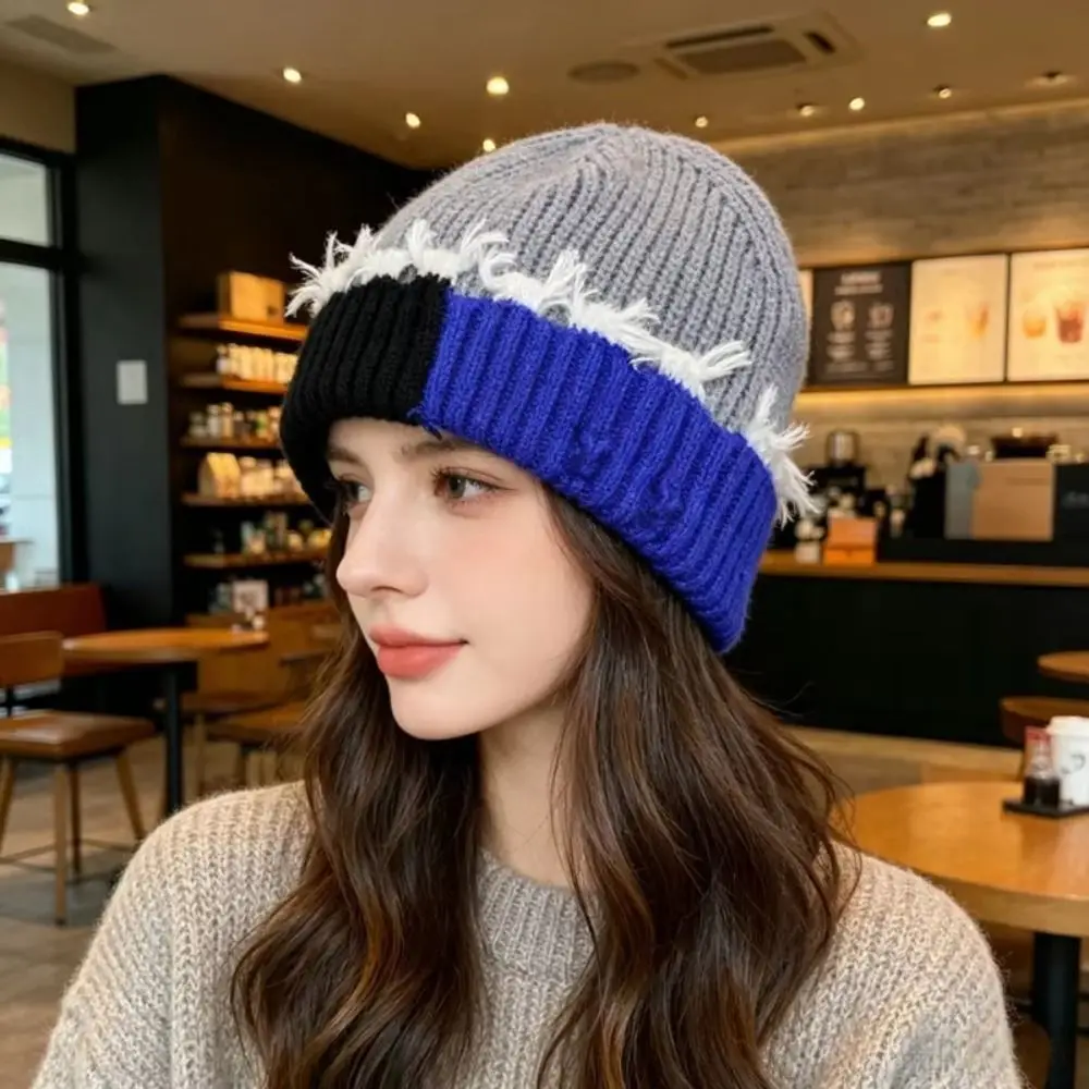High Elasticity Patchwork Knit Beanie Hole Design Patchwork Style Warm Knitted Hat Cold Weather Resistant Ear-Protecting Hat