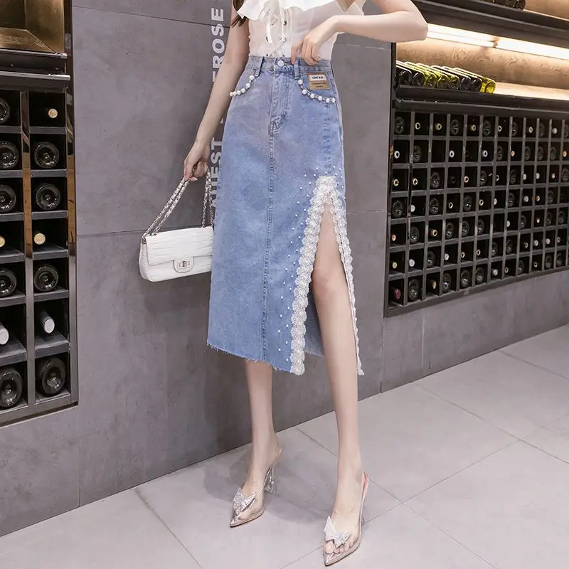 

Denim Skirt Women 2024 Fashion New High Waist Split Beaded Skirt Female Mid Length Skirt Jean Skirts All Match F101