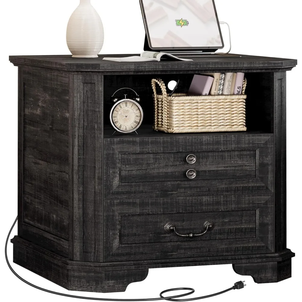 Farmhouse Style 23.4 Inch End Table with Charging Port, Large Drawers, Ideal for Bedroom, Charcoal