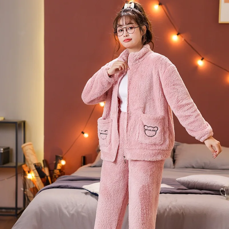 5XL Winter Warm Thicken Flannel Pajamas Women Velvet Plus Size Homewear  Loose Zipper High Collar Sleepwear Soft Plush Outwear