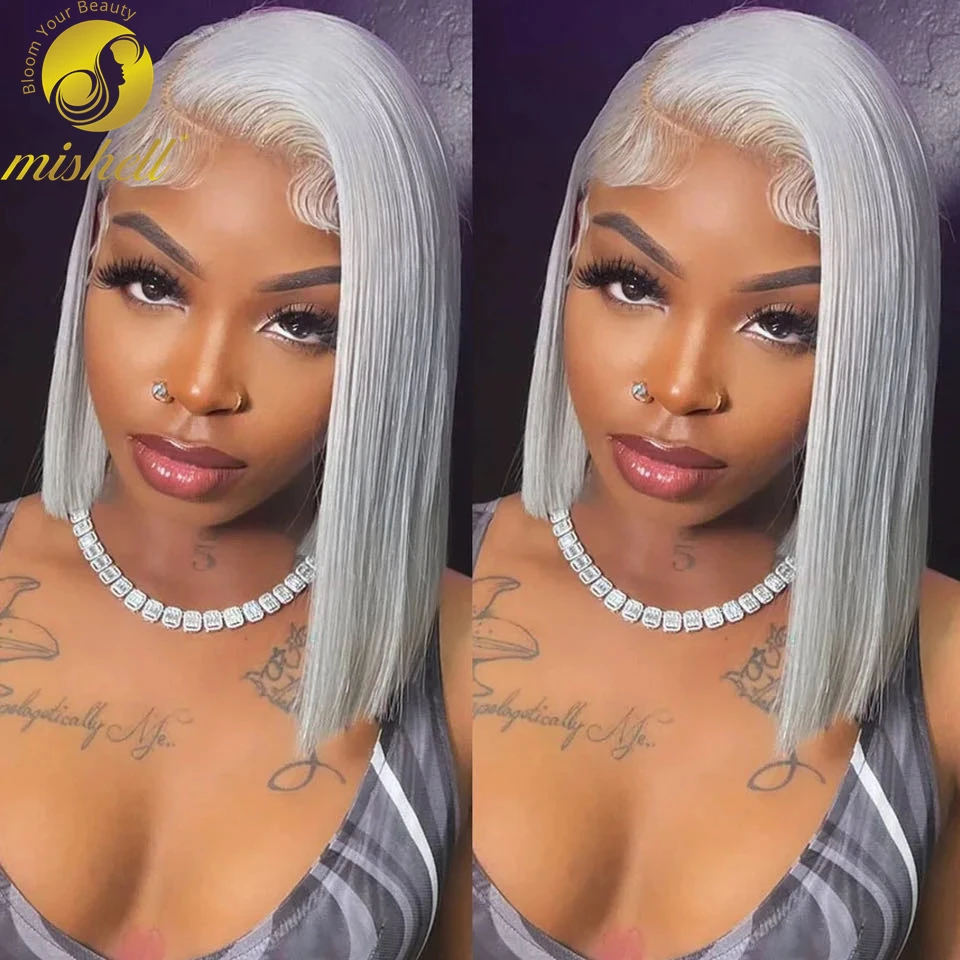 

200% Density Short Straight Sliver Grey Bob Wig Human Hair 13x4 Transparent Lace Front Wig Pre Plucked with Baby Hair for Women