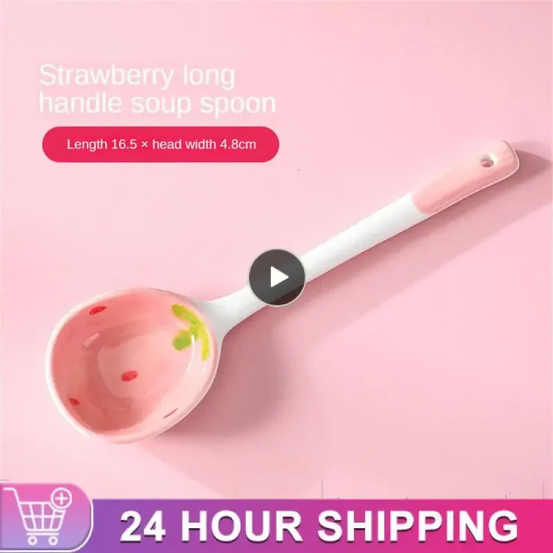 Strawberry Long Handled Ceramic Spoon Cute Household Stirring Spoon High Appearance Spoon Children's Soup Spoon