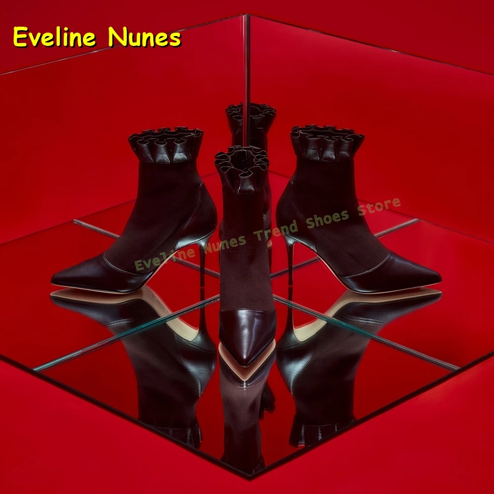 

Черные эластичные ботинки на шпильке с оборками, лоскутное платье с острым носком, элегантные женские сапоги до середины икры, осень 2021, уличный стиль