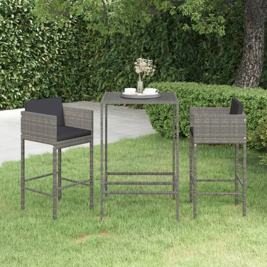 

3 Piece Patio Bar Set with Cushions Poly Rattan Gray