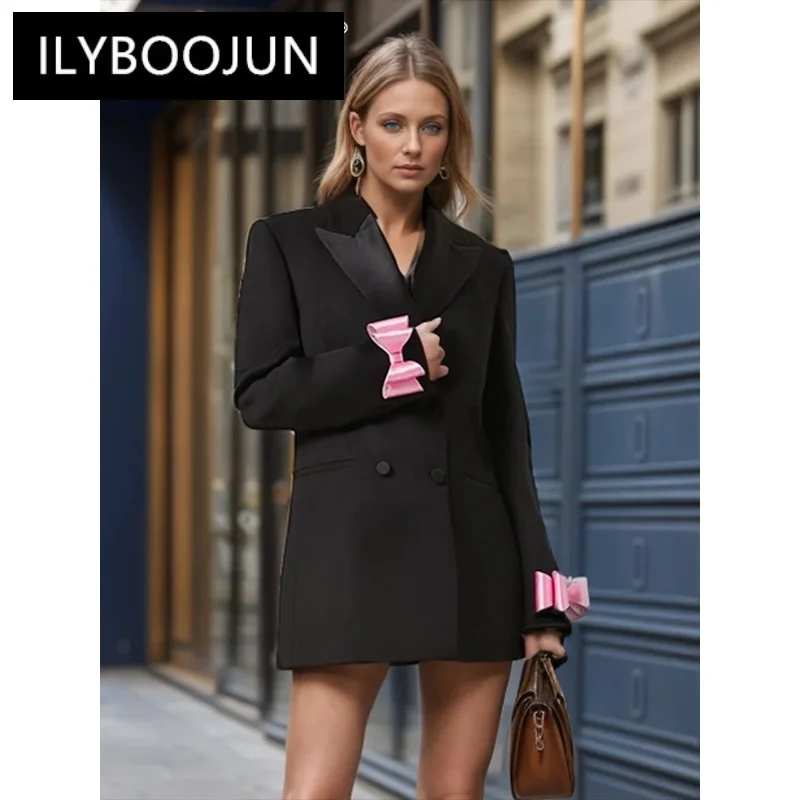 

ILYBOOJUN Hit Color Patchwork Bowknot Elegant Coats For Women Notched Collar Long Sleeve Spliced Botton Chic Blazer Female