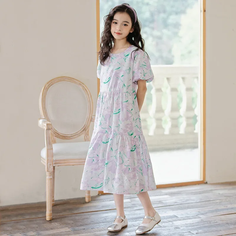Summer Dress for Girls 2026 New Short Sleeve Purple Floral Princess Dresses 4-15 Years Casual School Teenage Children Costumes