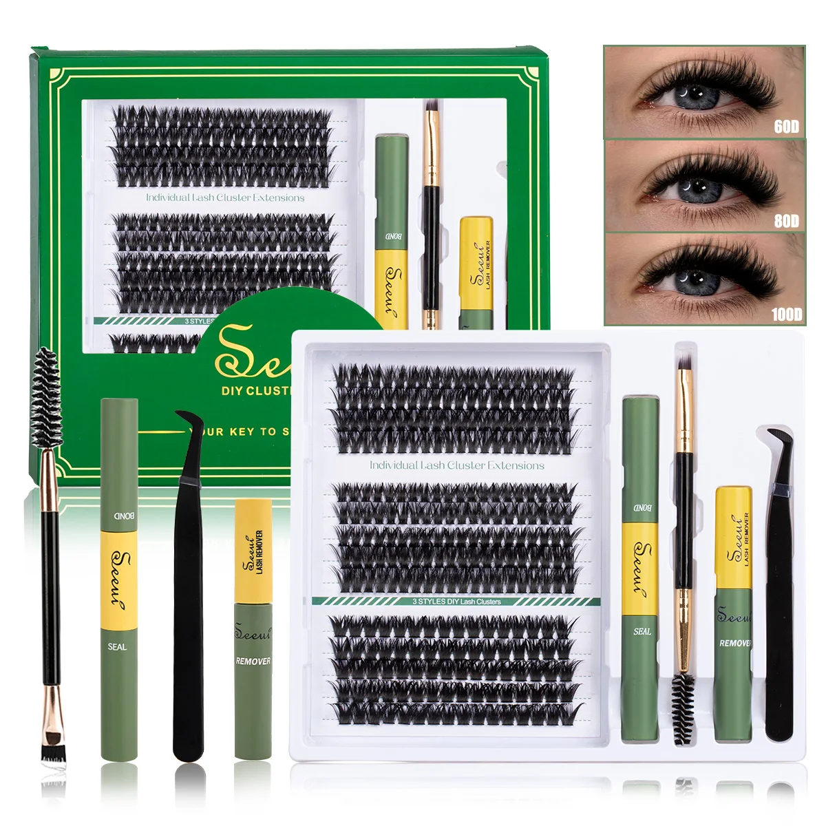 DIY Lash Extension Kit 240pcs Lash Clusters Individual Eyelashes Kit with Lash Bond & Seal Lash Tweezers Brush Lash Bond Remover