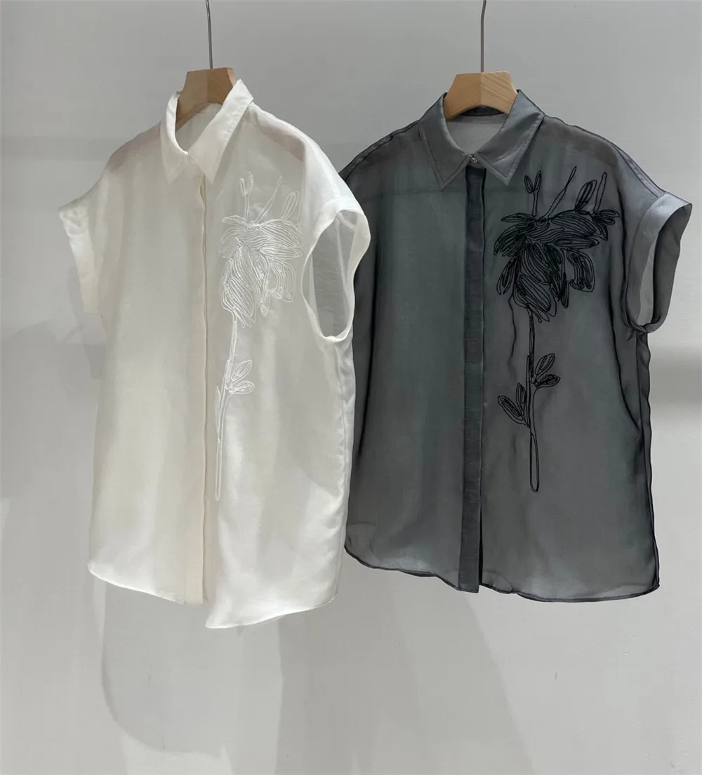 

Heavy Embroidered Sequined Lapel Silk Shirt Women's Loose Sleeveless Casual Blouses Top