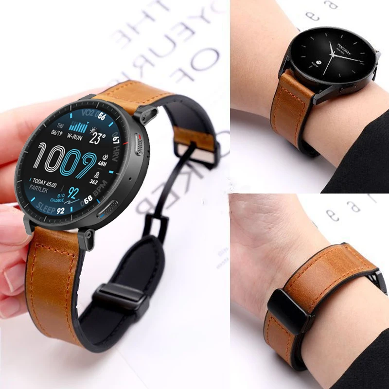20 22mm Armband Correa für Amazfit Active Max/Active 2/Balance 2/Bip 6 5 3 Silikon+Leder Magnetarmband T-Rex 3Pro 48mm 44mm