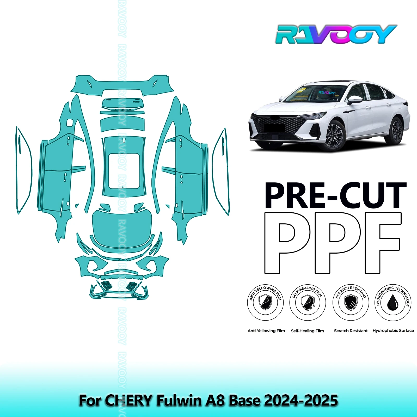 For CHERY Fulwin A8 Base 2024-2025 Full Body 8.5Mil Pre-Cut Paint Protection Film PPF Stone Chip Kit | Clear/Matte/Black Options