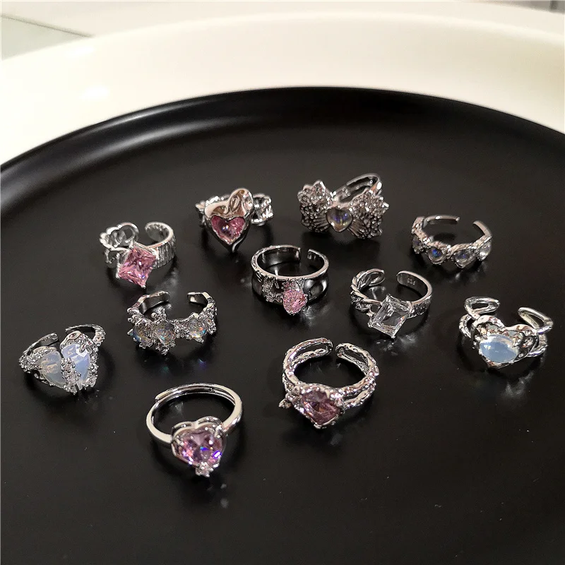 Pink Crystal Irregular Heart Ring for Women Creative Blue Opal Heart Open Ring Shiny Geometric Zircon Ring Vintage Y2K Jewely