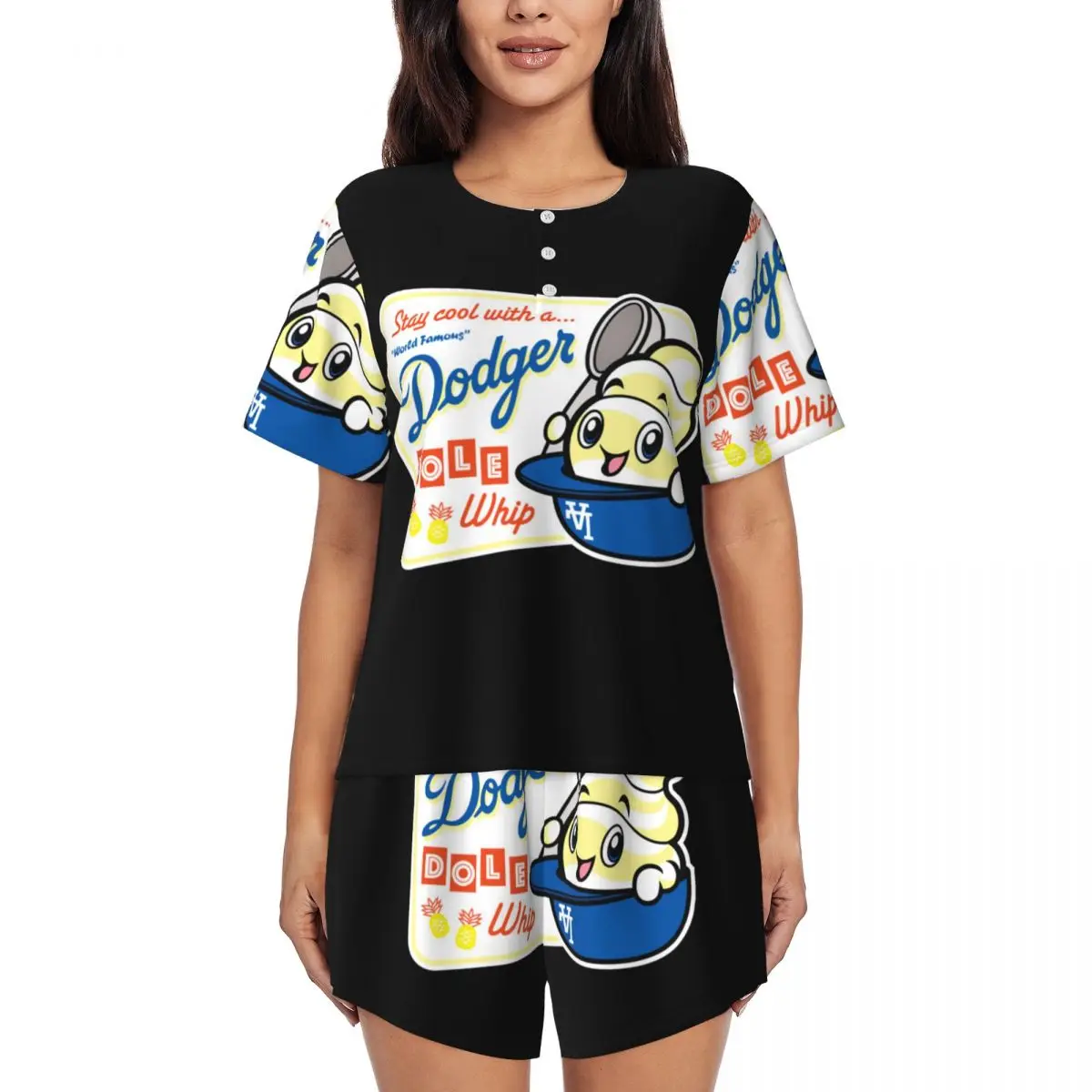 Camisones de manga corta con cuello redondo Dodger Dole Whip de fama mundial para dormir, camisones para mujer, conjunto de pijama suelto, pantalones cortos