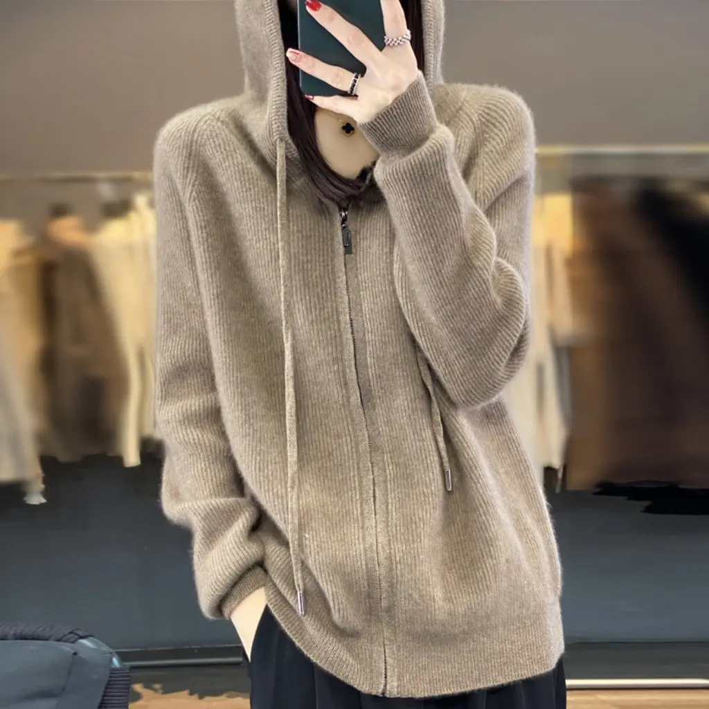

Women's Autumn Winter Wool Cardigan Hooded Knitted Sweater Base Age-reducing Drawstring Design Warm And Stylish