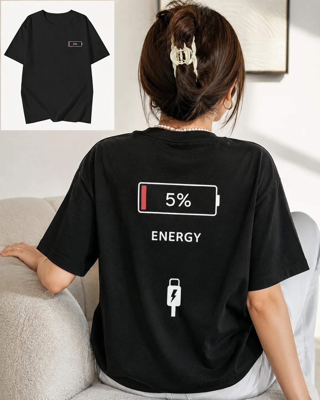 New Couple Matching 5% Low Battery Printed T-shirt Plus Size Cotton Short Sleeved Women's T-shirt Men's T-shirt Summer Top