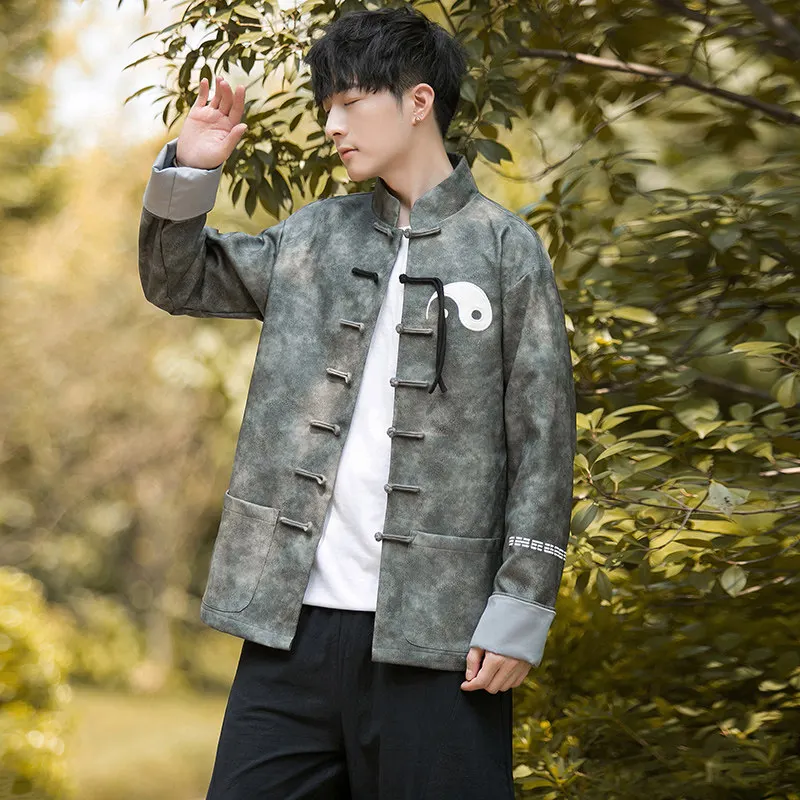 

Chinese Sle Daoist Outerwear Jaet for Men with Button Sle Home Clothes Youth Faion Thiened Windproof Long Sve Coat
