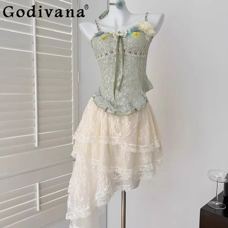 

Girls Cute Lolita Style Suits Women Elastic Waist Lace Skirt 3D Flowers Decor High Waist Slip Tops Japanese Sweet 2 Piece Set