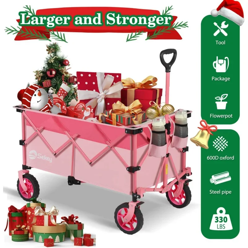 220L Collapsible Foldable Wagon with 330lbs Weight Capacity, Heavy Duty Folding Wagon Cart with Big All-Terrain Wheels & Drink H