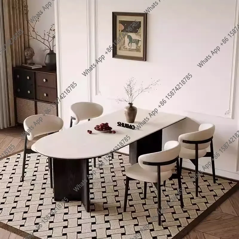 N67 Medieval style Delifeng rock slab travertine French dining table household small apartment light luxury semi-circular rectan