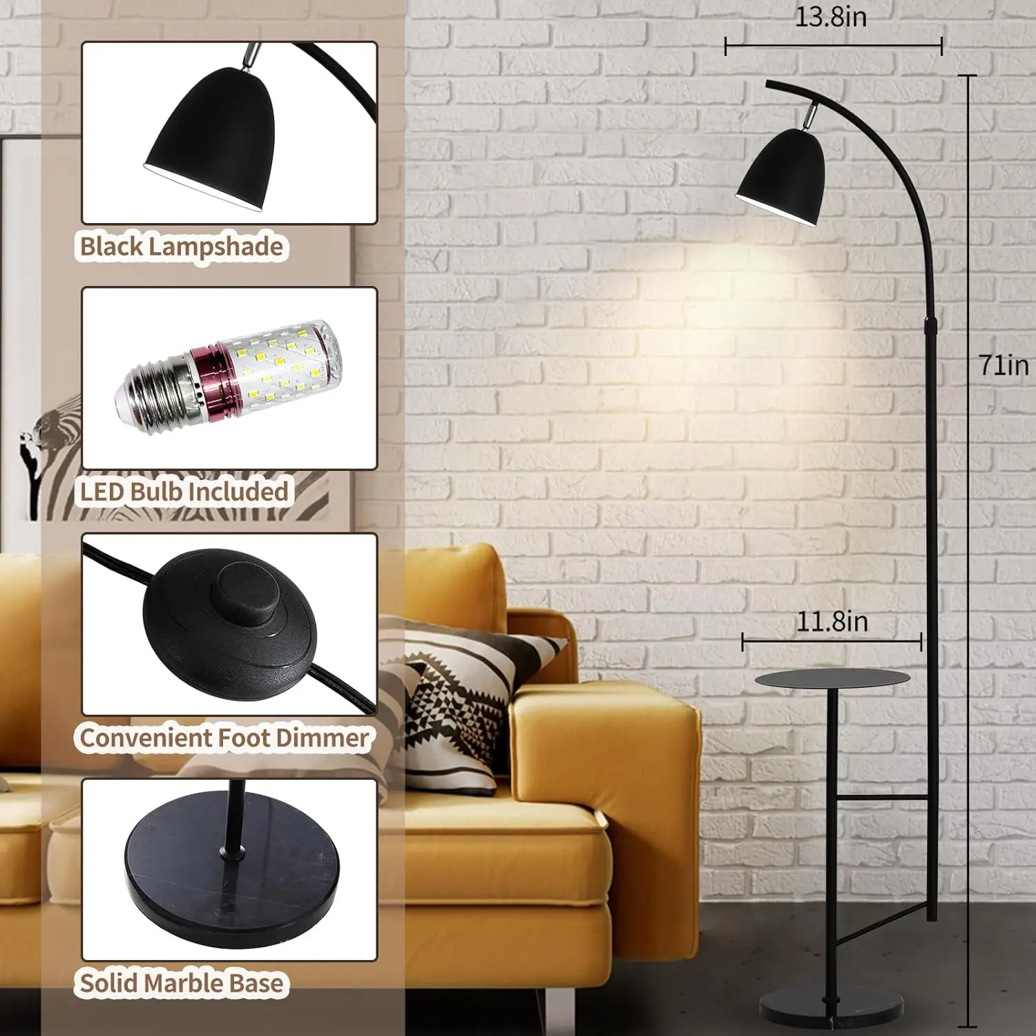 O'Neeldy Modern Black Arc Floor Lamp With Table Attached 71