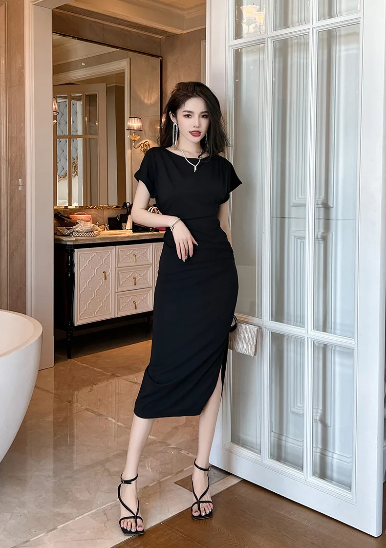 라운드넥 배트 슬리브, 슬림핏 중간 길이 원피스, 왕실 자매 스타일, 기질 있는 신상 스타일, 여름