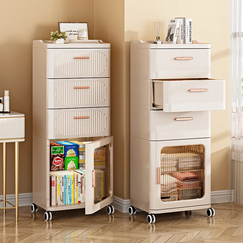 ‌Japanese Stackable Plastic Drawer Cabinet - Slim Space Saving Storage for Living Room Bedroom, Modular Organizer with Wheels
