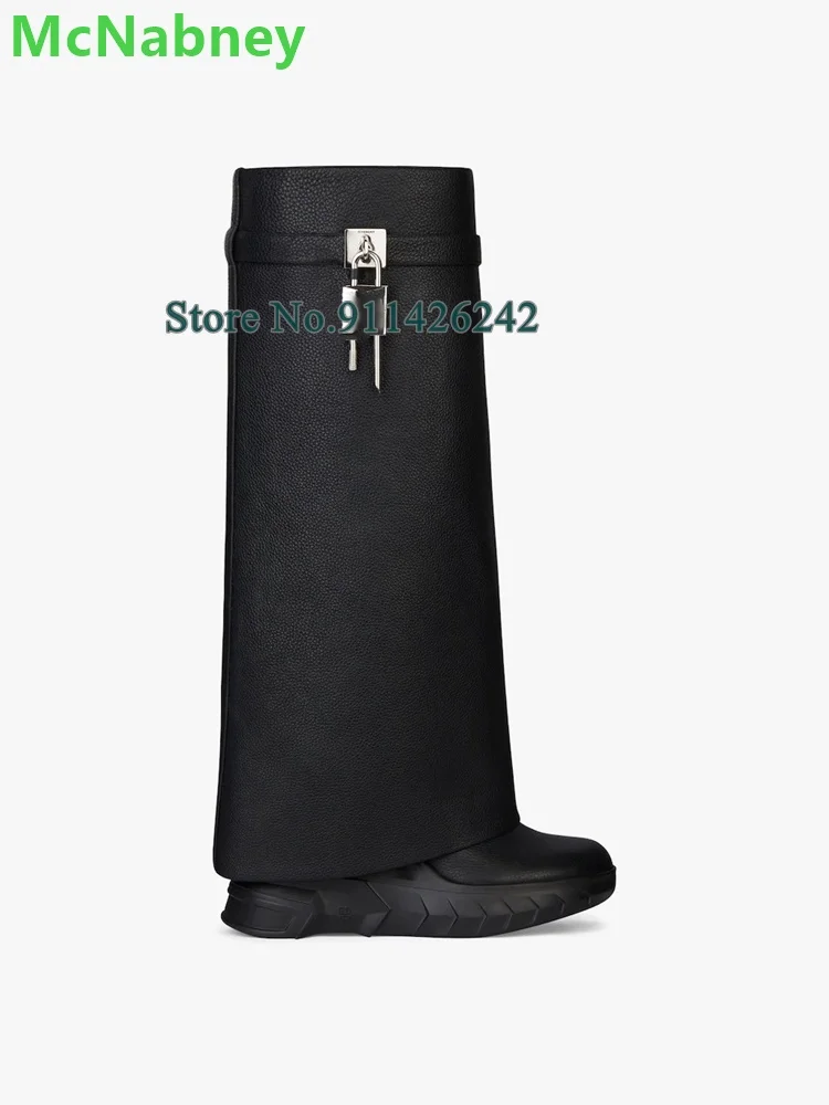 Black Lock Wedge Heel Long Boots For Female Women Luxury Designer Round Toe 2024 New Genuine Leather Solid Fashion Runway Shoes