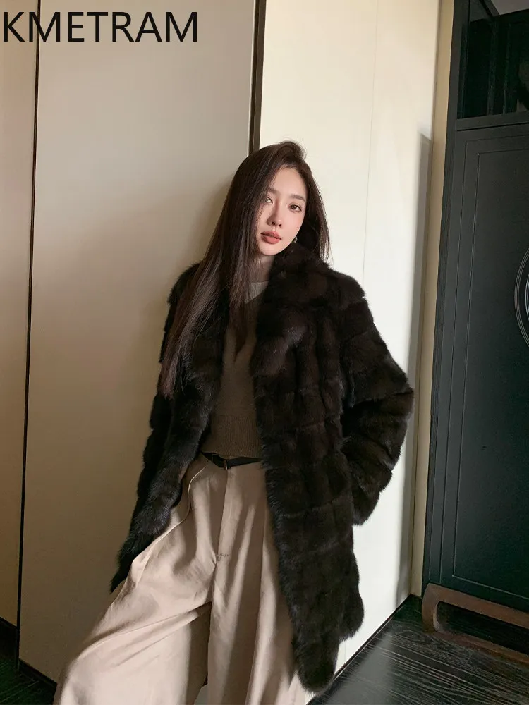 KMETRAM Real Russian Sable Fur Coat Woman Luxury Black Gold Color Fur Jacket Winter Mid‑Length Coats Women Clothing 80cm 2026 밍크