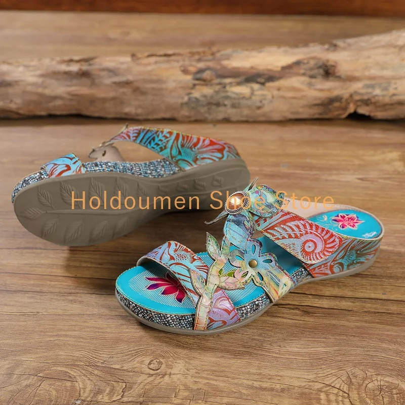 Lake Blue Fashion Cross Strap Hand Cut Three Dimensional Flowers Summer Casual Slippers Hand Drawn Print Peep Toe Wedge Slippers