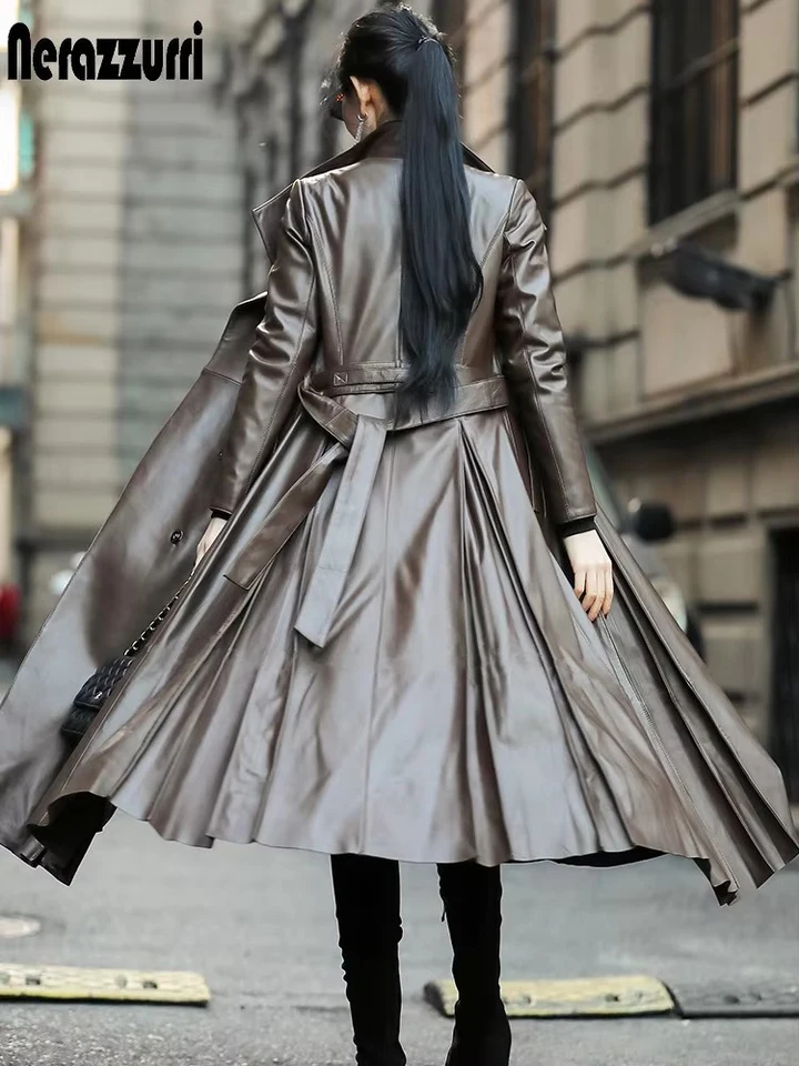 Nerazzurri Autumn Long Brown Black Soft Faux Leather Trench Coat
