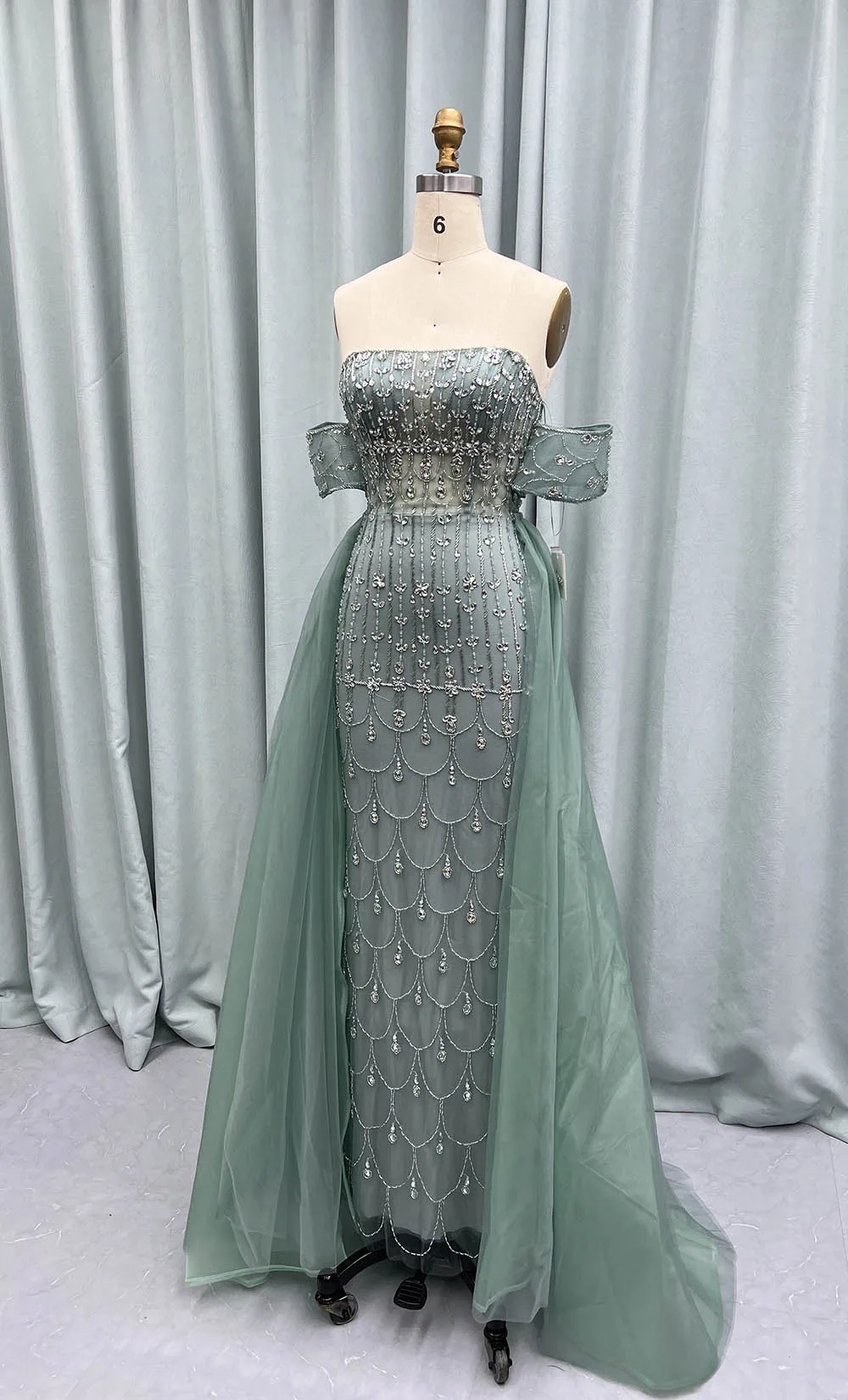 YQLNNE Elegant Sage Green Evening Dresses Off the Shoulder Rhinestones Beaded Mermaid Evening Party Gown Detachable Train