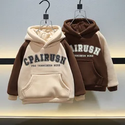 Autunno Inverno 2-10Y Ragazzo adolescente Felpa in pile di cotone Spessore caldo Baby Boy Felpa con cappuccio Lettera Impiombato Manica lunga Kid Boy Pullover