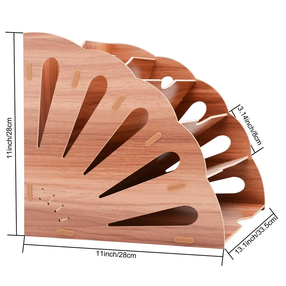 1-piece fan-shaped file organizer, wooden desktop file holder, 5-layer snap-on design, multi-layer bookshelf.