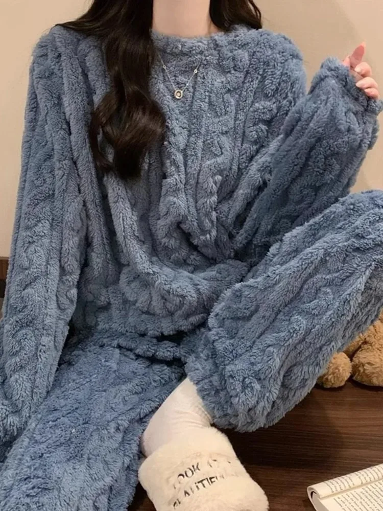 

Winter Soft Plush Coral Fleece Women 2 Piece Sets Warm Thick Ribbed Thicken Sets Causal Comfortable O-neck Pajama Home Wears