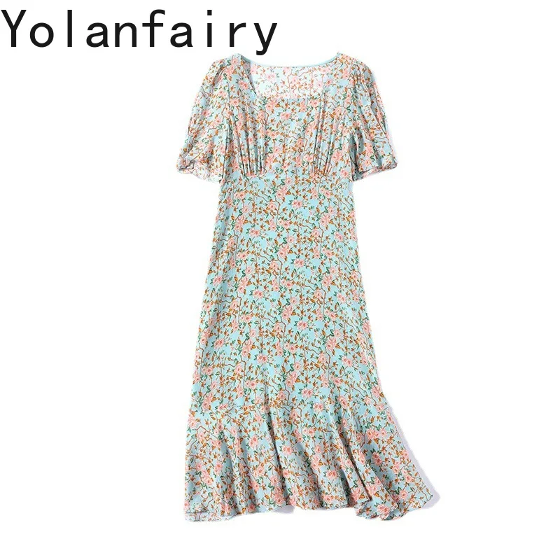 

YOLANFAIRY Real 100% Mulberry Silk Summer Dresses Woman Fashion Square Neck Elegant Dress Women's Clothing Floral Ruffled Dress